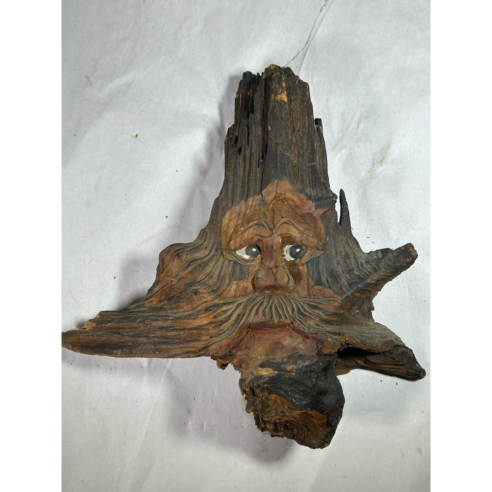 Vintage Carved Wooden Pained Log Beared Old Man Wizard Folk Art Hobo Collectible